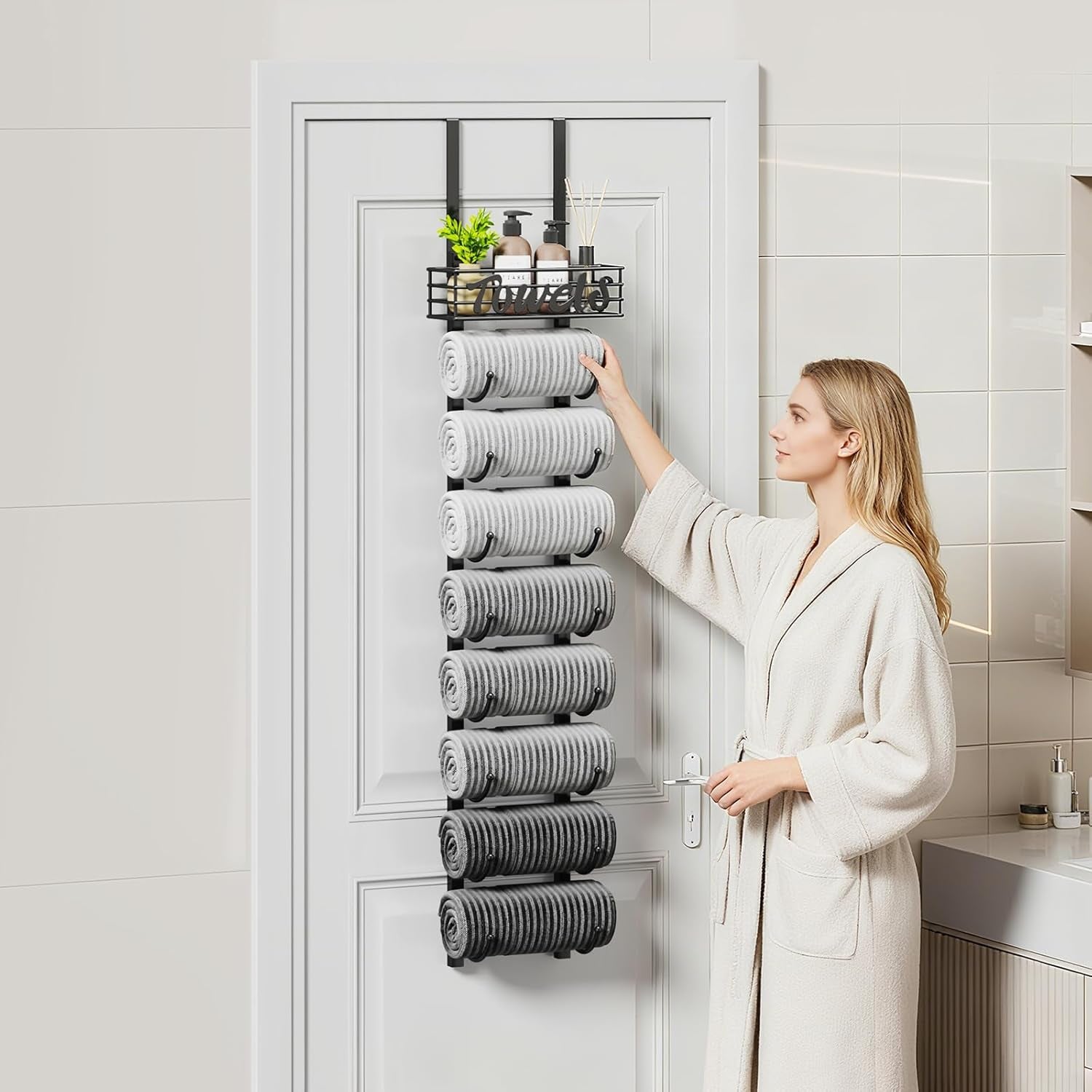 Hanging Towel Racks for Bathroom - 9 Tier over the Door & Wall Mounted Bath Rolled Towel Storage Organizer Holder for Small Bathroom, RV, Camper, Black (Patented)