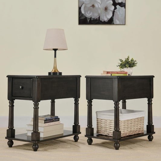 Solid Wood End Table Narrow Side Table with Drawer, Cherry Wood End Table Living Room, 13" W Slim Bedside Table Small Nightstand, 22" D X 22.7" H, No-Tools Assembly, Rustic Black BBJ-004-BK