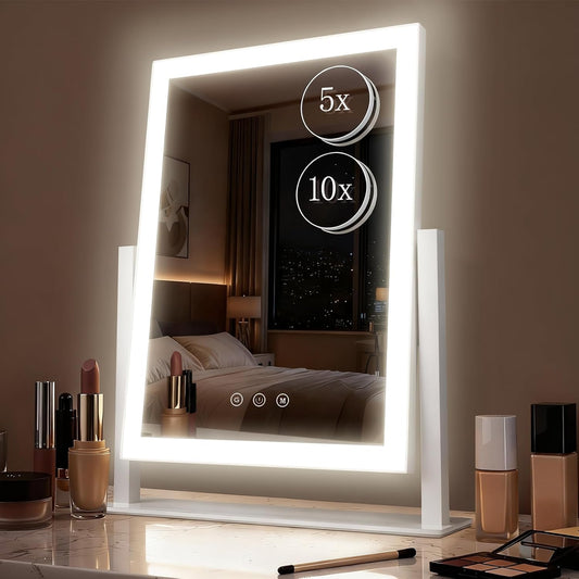 Vanity Mirror with Lights, 17.3’’ LED Makeup Mirror Detachable 10X/5X Magnification, Smart Touch Control, 3 Color Lighting Modes,360°Rotation Tabletop Make up Mirror for Bedroom Bathroom