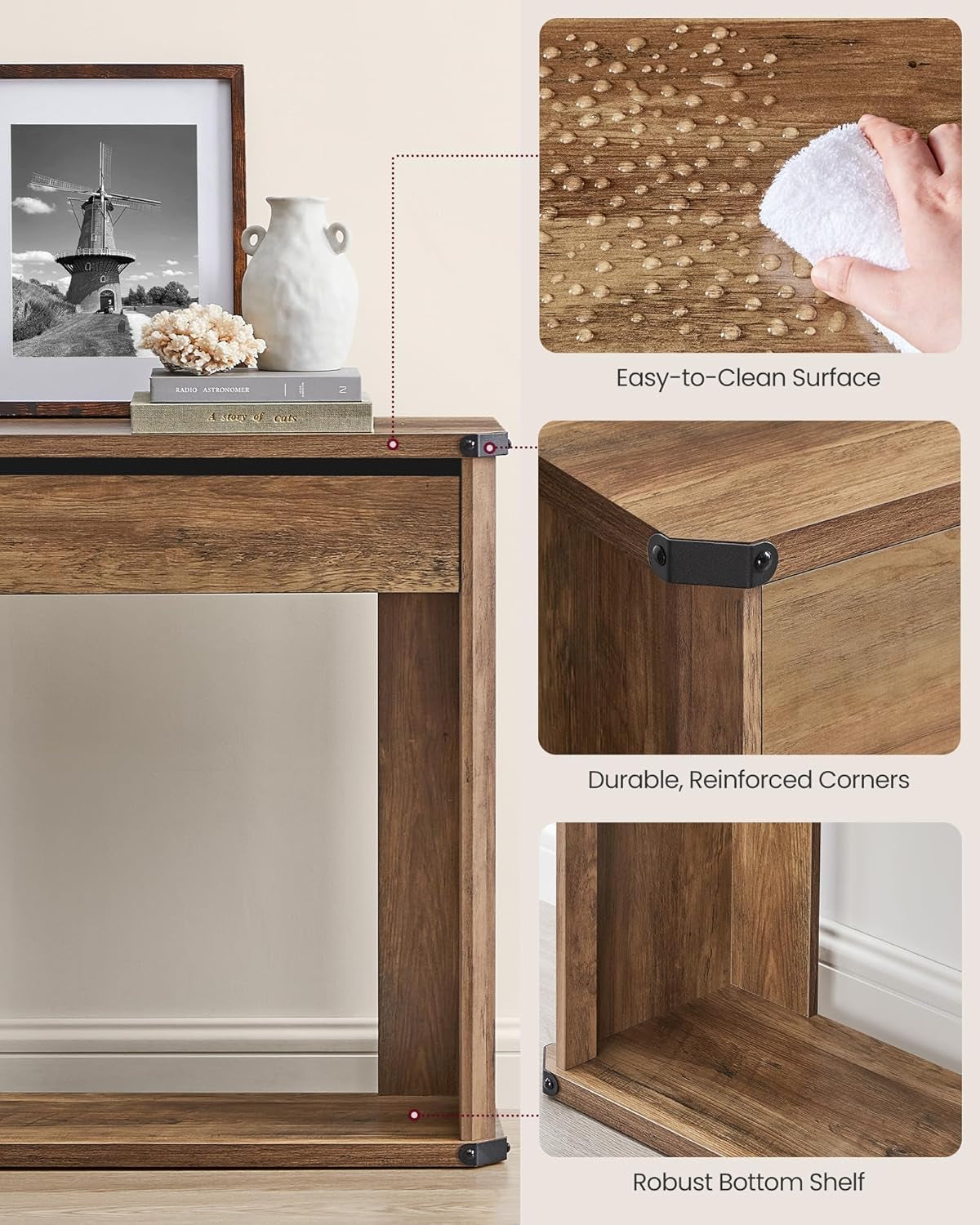 Console Table, 47.2 Inches Sofa Table, Narrow Entryway with 3 Drawers, Bottom Shelf, Metal Corners, for Living Room, Bedroom, Farmhouse Style, Honey Brown ULNT143K41