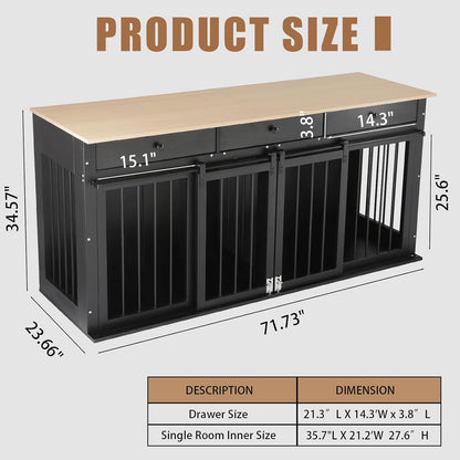 Dog Crate Furniture Large Breed Wooden Dog Kennel with Room Divider & 3 Drawer,Black Double Doors Heavy Duty Dog Crate End Table Indoor TV Stand for Small Medium Large Dog,72''W*24''D*35''H
