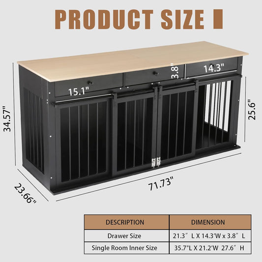 Dog Crate Furniture Large Breed Wooden Dog Kennel with Room Divider & 3 Drawer,Black Double Doors Heavy Duty Dog Crate End Table Indoor TV Stand for Small Medium Large Dog,72''W*24''D*35''H