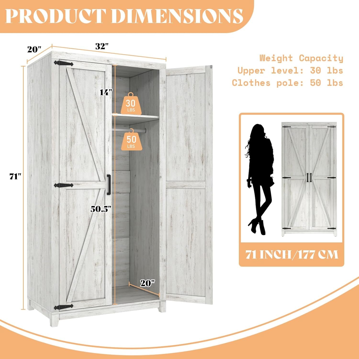 Farmhouse Armoire Wardrobe Closet with 2 Barn Doors, 71'' Storage Cabinet with Hanging Rod & Shelf, Versatile Clothing Storage for Bedroom, Distressed White