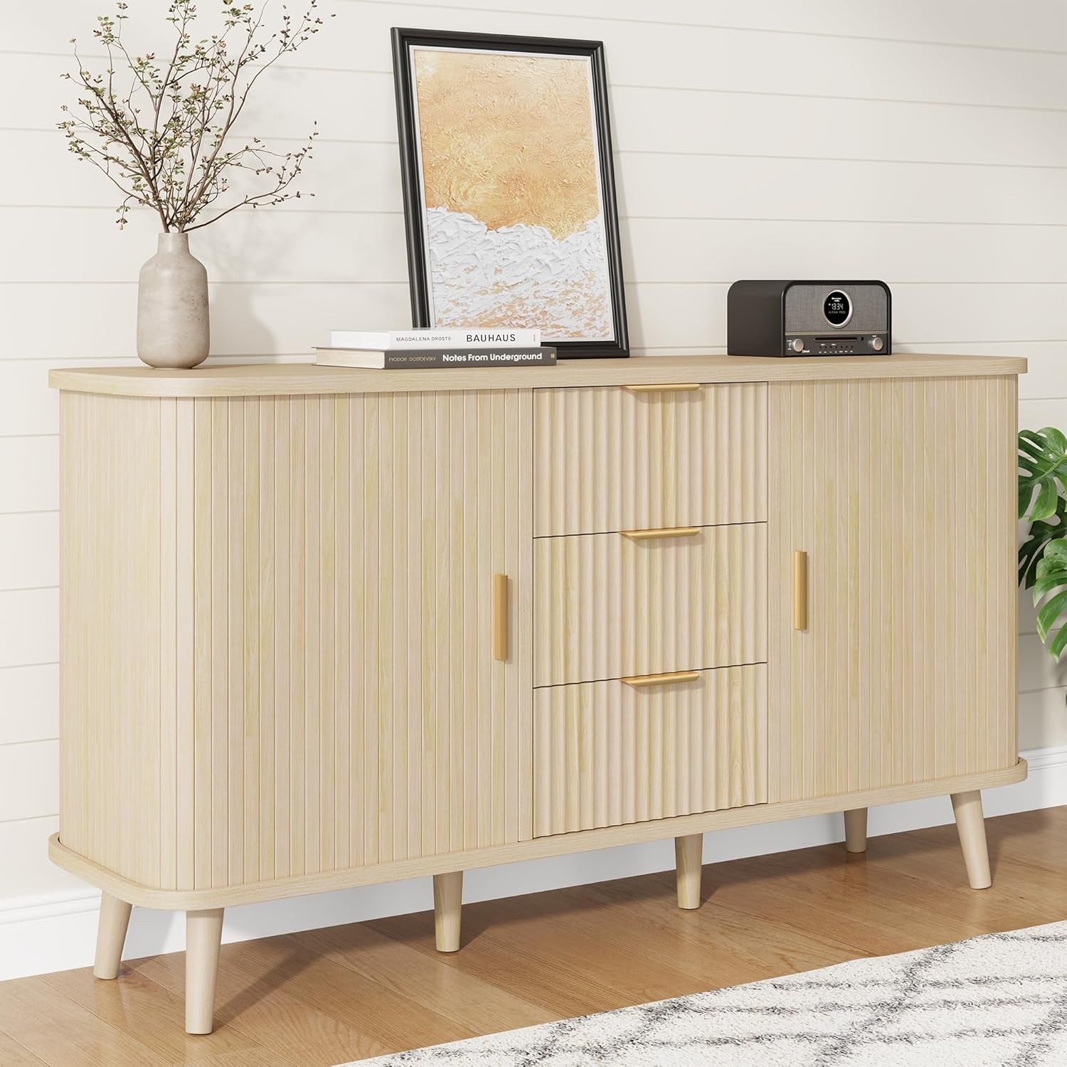 Natrual Buffet Cabinet, 55" Wide Sideboard Buffet Storage Cabinet with Rolling & Sliding Doors, Modern Bar Cabinet for Kitchen & Dining Room
