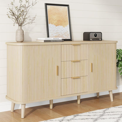 Natrual Buffet Cabinet, 55" Wide Sideboard Buffet Storage Cabinet with Rolling & Sliding Doors, Modern Bar Cabinet for Kitchen & Dining Room