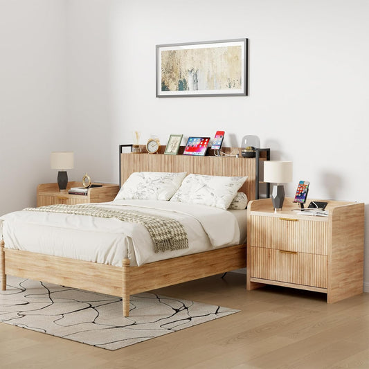 King Size Headboard Only with Outlets, Wall Mount Wood Fluted Headboard with Storage, Height Adjustable, Storage Rack, Sturdy and Stable, Easy Assembly(Oak, King)