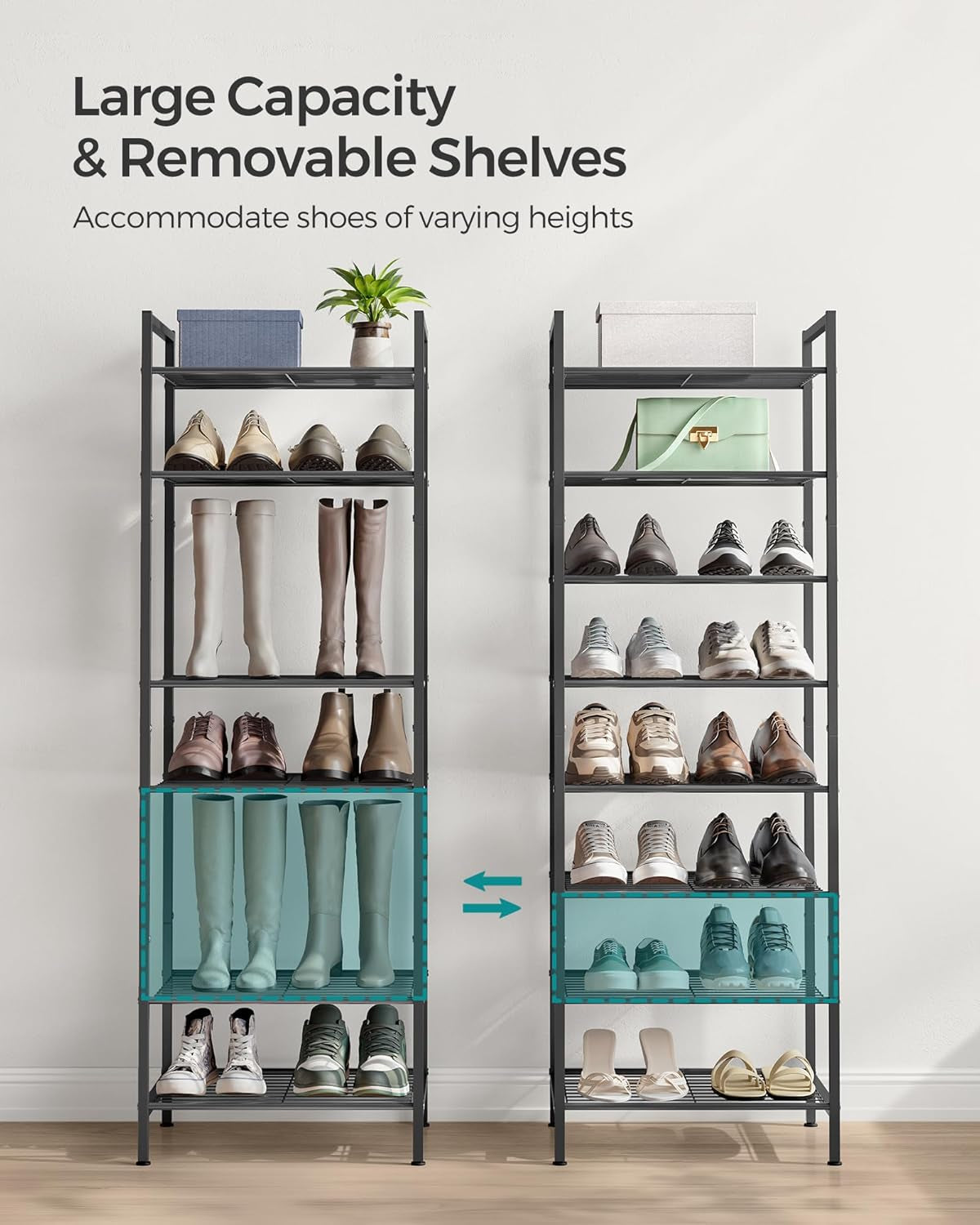 Narrow Shoe Rack, Sturdy 8 Tier Metal Tall Shoe Rack Shelf, Slim Shoe Storage Organizer for Closet Entryway Small Spaces, Vertical Shoe Stand Tower for 18 Pairs Shoes, Easy Assembly, Black
