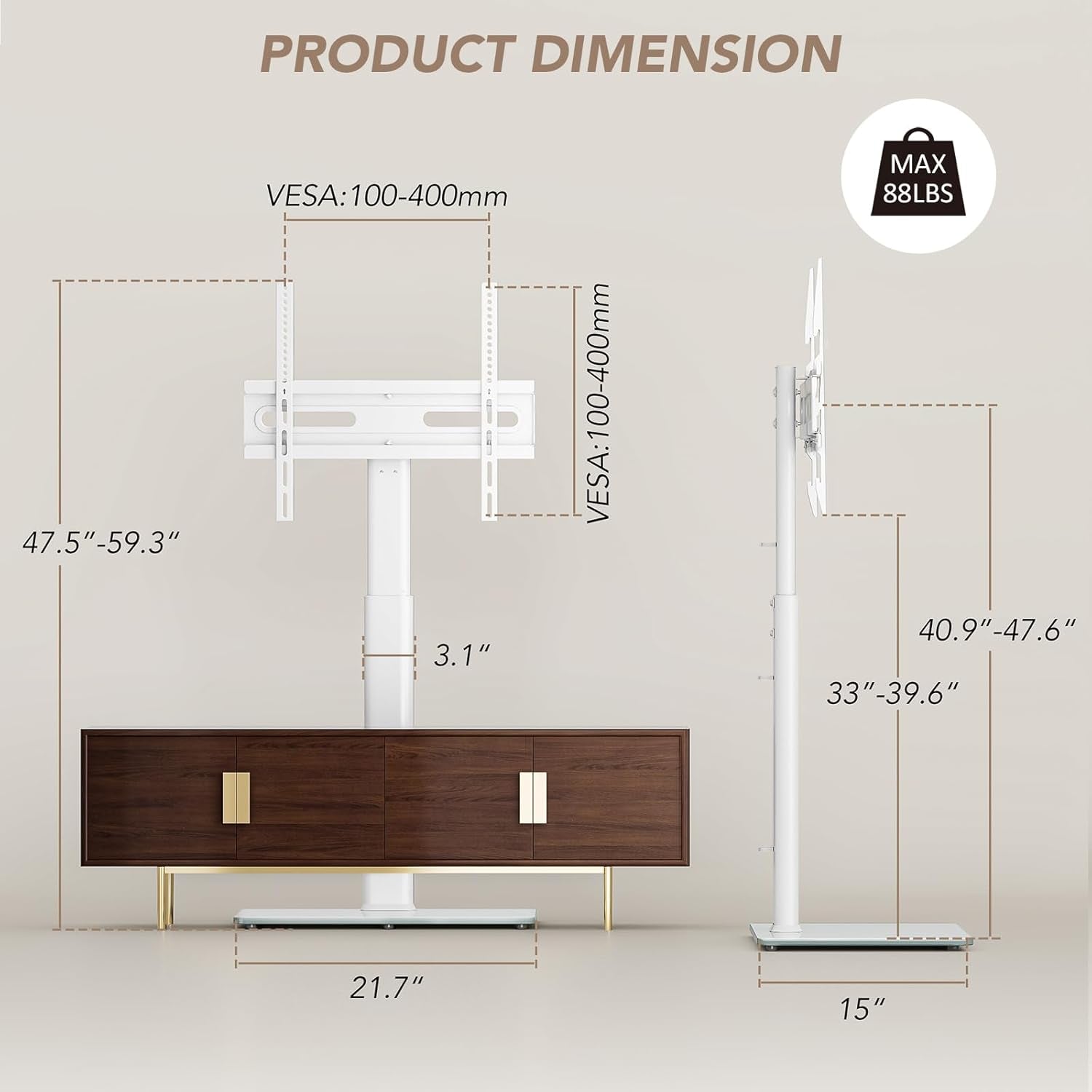 Universal Floor TV Stand with Mount 70 Degree Swivel 9 Level Height Adjustable and Space Saving Design for Most 27 to 65 Inch LCD, LED OLED Tvs, Perfect for Corner & Bedroom White AX1006TW