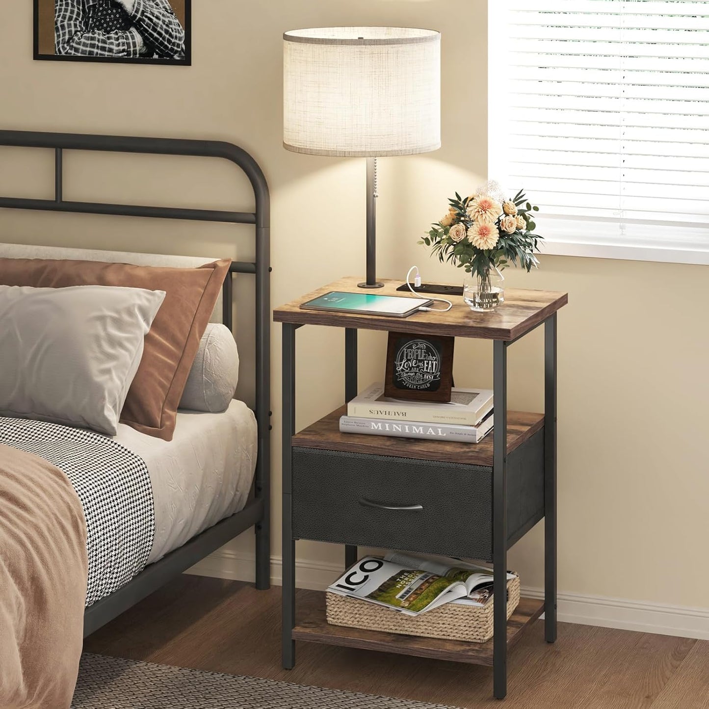 Nightstand with LED Lights Bedside Table with 3 Color Temperatures Bulb, Tall Nightstand with Charging Station End Table with Adjustable Fabric Drawer for Bedroom Dorm