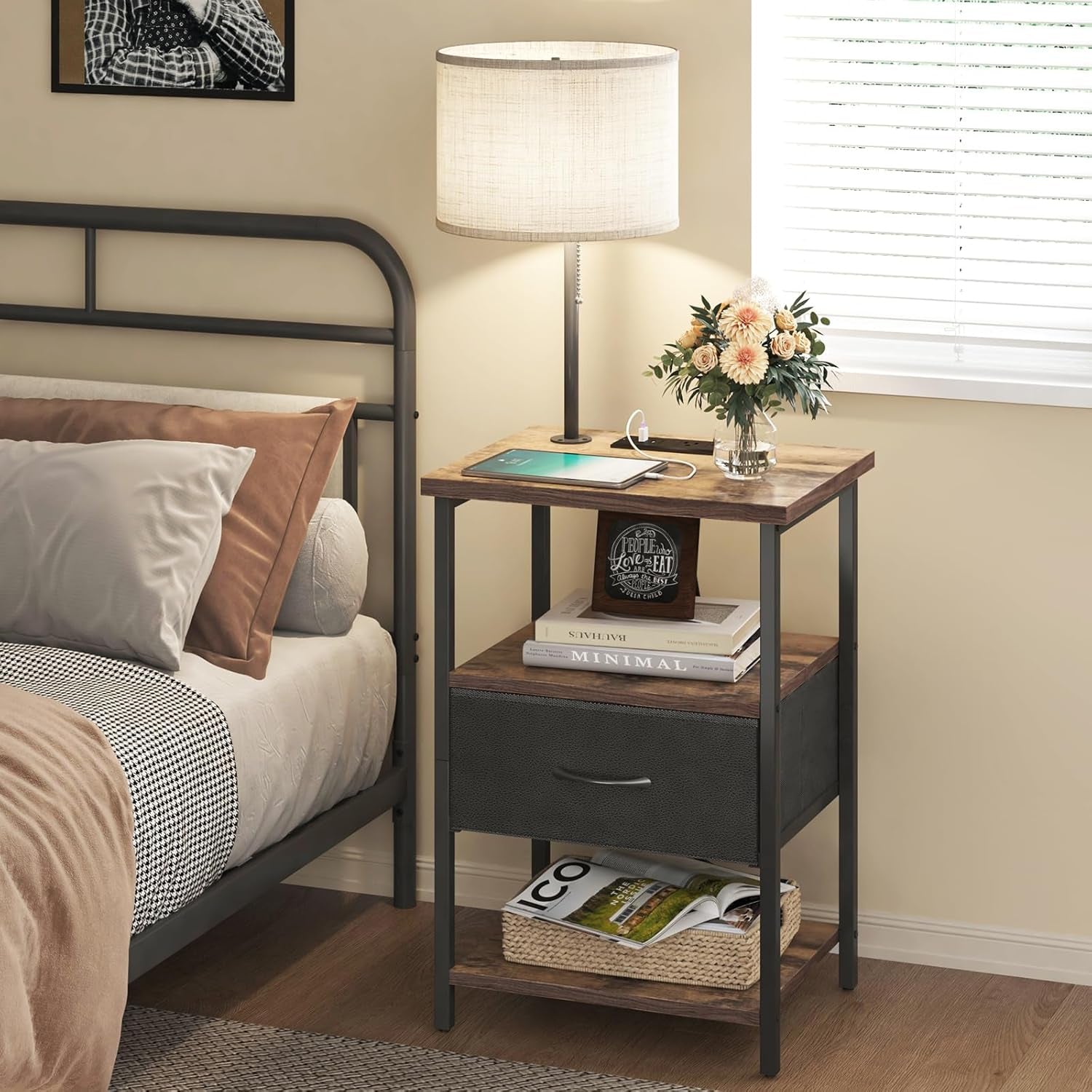 Nightstand with LED Lights Bedside Table with 3 Color Temperatures Bulb, Tall Nightstand with Charging Station End Table with Adjustable Fabric Drawer for Bedroom Dorm