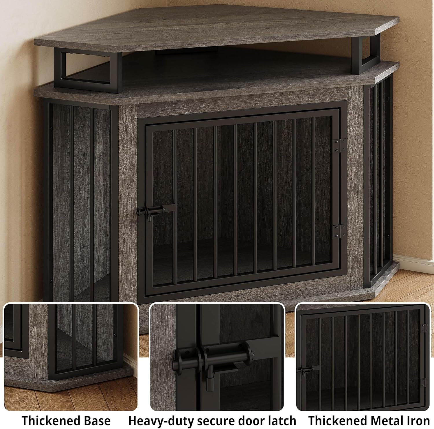 43.3" Corner Dog Crate with 2-Tier Shelves, Wooden Dog Kennel Furniture for TV Stand, Dog Cage Indoor for Small and Medium Dogs, Gray (23.6" L X 43.3" W X 32" H)