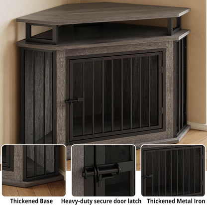 43.3" Corner Dog Crate with 2-Tier Shelves, Wooden Dog Kennel Furniture for TV Stand, Dog Cage Indoor for Small and Medium Dogs, Gray (23.6" L X 43.3" W X 32" H)