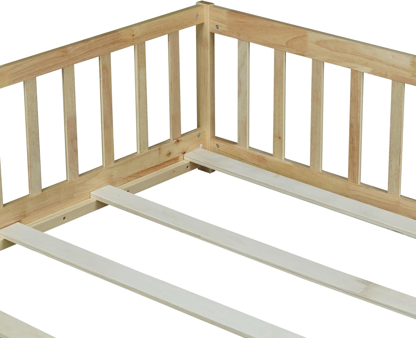 Full Size Floor Bed with Slats and Safety Guardrail, Full Size Montessori Floor Bed with Fence and Door, Easy Assemble Montessori Beds for Kids, Girls, Boys, Natural