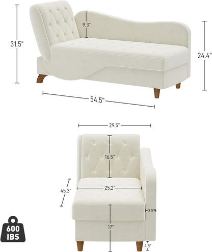 Chaise Lounge Chair Indoor with Storage, Adjustable Backrest Recling Reading Chair Sleeper Sofa Bed with Pillow, 3 in 1 Velvet Futon Lounge Chair for Living Room Bedroom, Beige White
