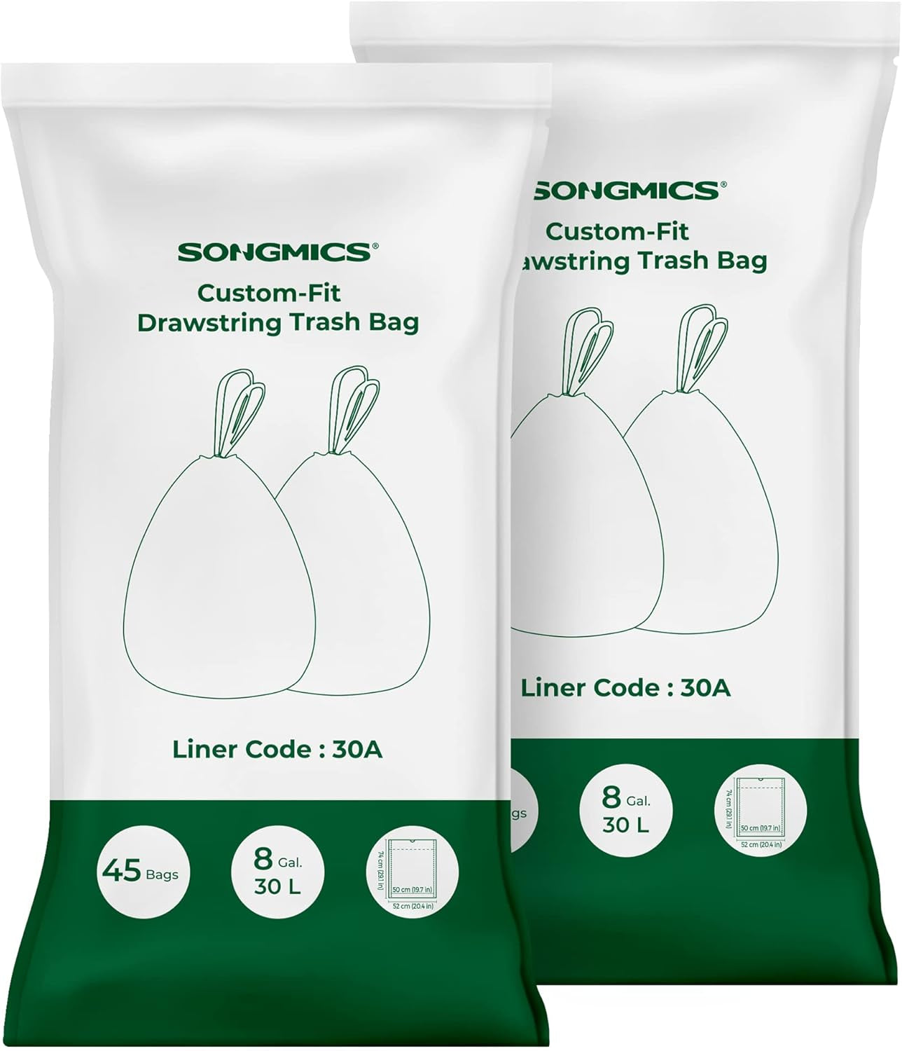 Trash Bags for 8-Gallon (30 L) Trash Cans, Drawstring Kitchen Garbage Bags, Pre-Separated, Liner Code 30A, 2 Rolls, 90 Count, White UKRB30A02