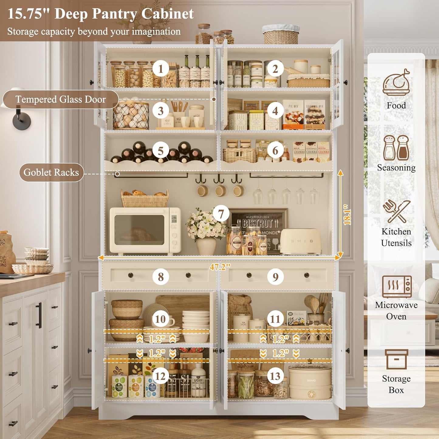 75.4" Tall Kitchen Pantry Cabinet with Charging Station, Modern White Kitchen Hutch with Microwave Stand and Wine Racks, Large Food Pantry Storage Cabinet with Glass Doors and Drawers, White