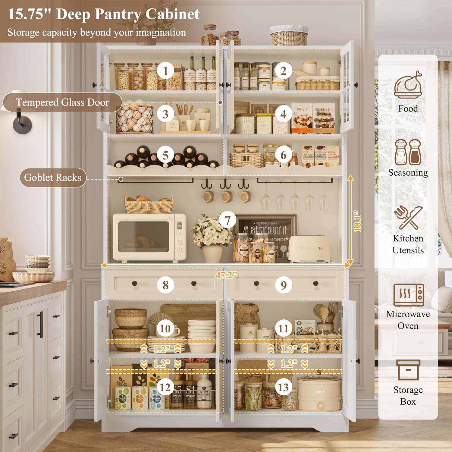 75.4" Tall Kitchen Pantry Cabinet with Charging Station, Modern White Kitchen Hutch with Microwave Stand and Wine Racks, Large Food Pantry Storage Cabinet with Glass Doors and Drawers, White
