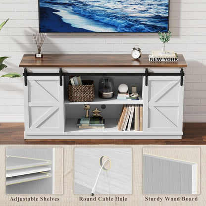Farmhouse TV Stand for Televisions up to 65 Inches, Sliding Barn Doors and Storage Cabinets, Console Table and Media Furniture for Living Room, 58 Inch, Milk White