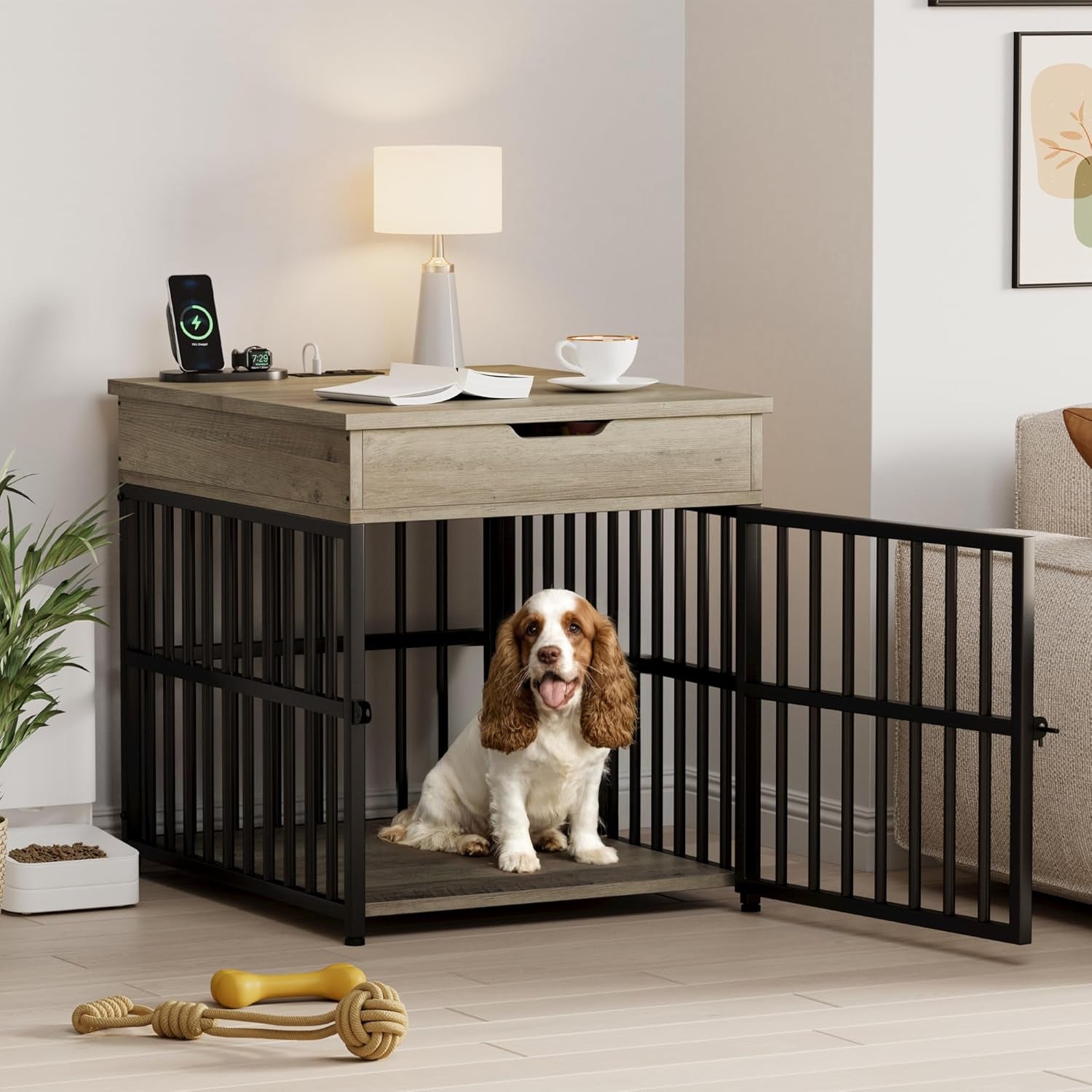 Dog Crate Furniture for Small Dogs, Wooden Dog Kennel with Flip Top Drawer, Indoor Pet Crate End Table with Charging Station, Steel-Tube Dog Cage, Gray