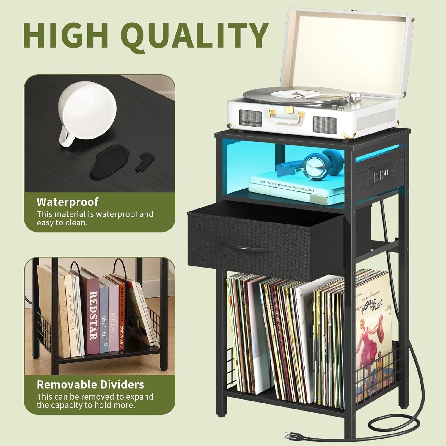 Record Player Stand with Storage - End Table with Charging Station & LED Lights, Vinyl Record Storage Holds up to 100 Albums, Nightstand with Drawer for Living Room Bedroom, Black