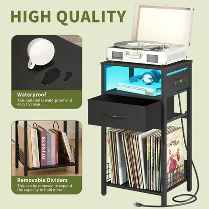 Record Player Stand with Storage - End Table with Charging Station & LED Lights, Vinyl Record Storage Holds up to 100 Albums, Nightstand with Drawer for Living Room Bedroom, Black