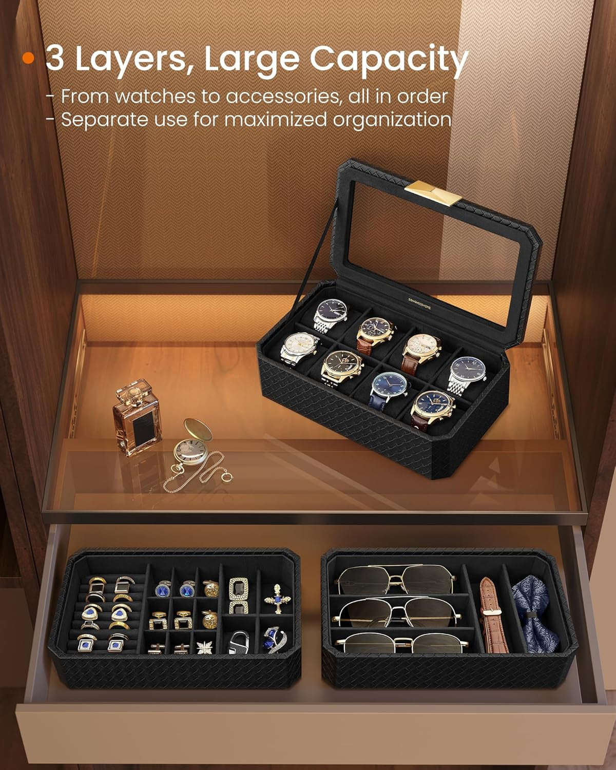 HOME RONNE Collection - 3-Tier Watch Box, Stackable 8-Slot Watch Case, Woven Embossed PU Leather, Floating Effect, Gift Idea, Ink Black Surface, Ink Black Lining UJWB021B01