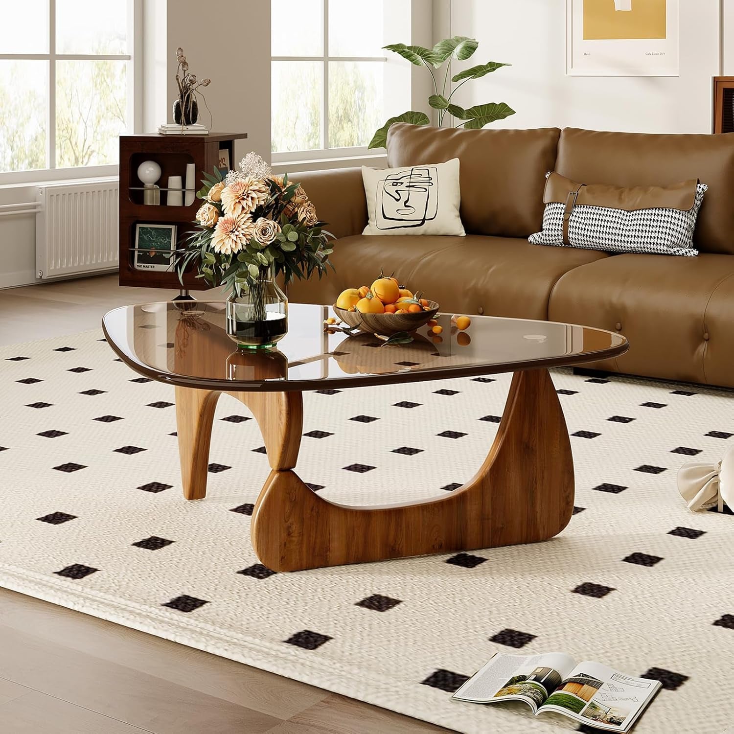 Coffee Table for Living Room Mid Century Modern Center Table with Glass Top and Wood, Brown/Walnut