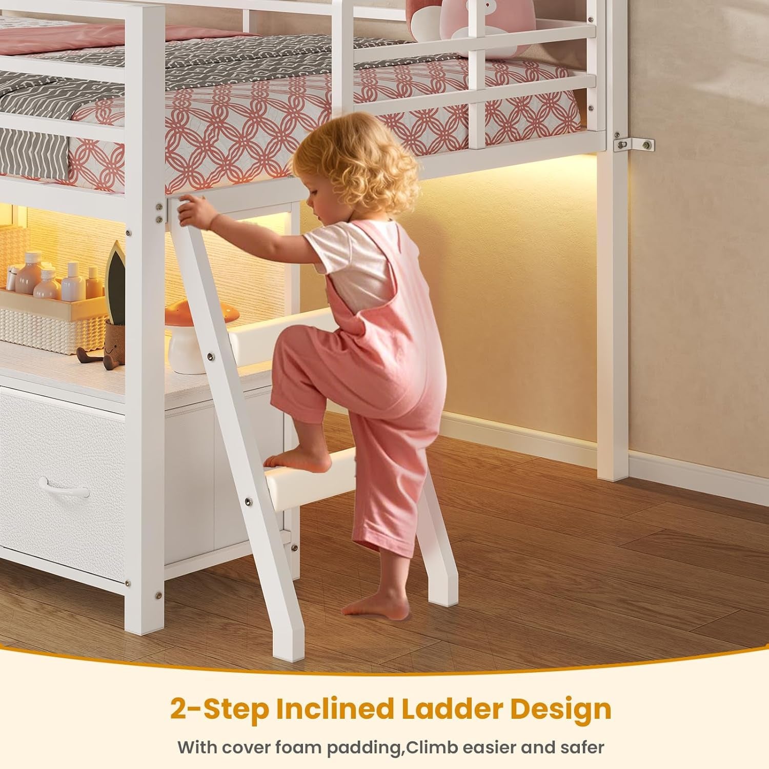 Low Loft Bed Twin Size with 7 Storage Drawers, Bookcase and LED Lights, Metal Kids Loft Bed with 14" H Safety Guardrail,Inclined Ladder and Play Curtain, Under-Bed Play Space, White