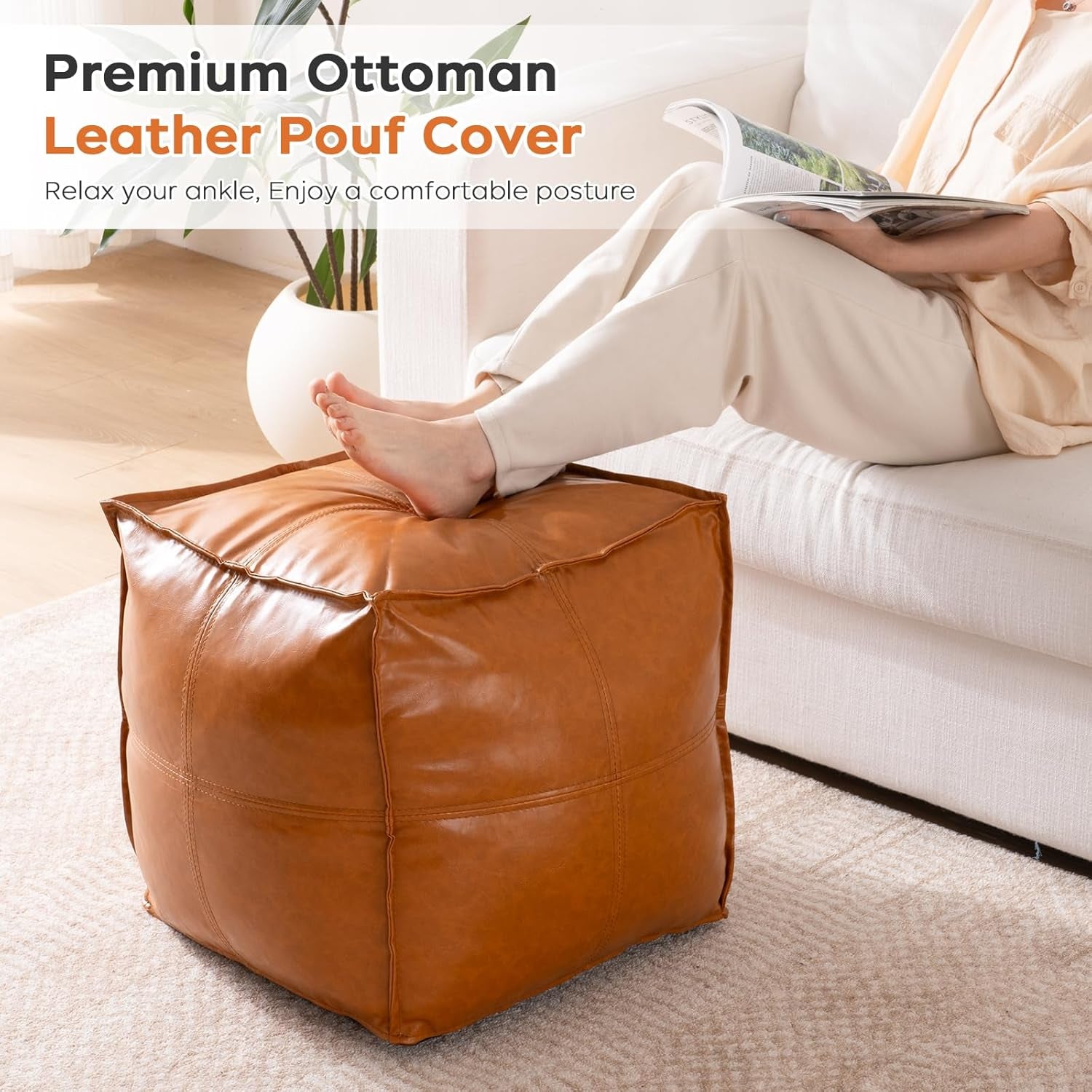 Pouf Ottoman Cover (Only Cover, No Filler), 17.7" Square Unstuffed Pouf Cover, Faux PU Leather Moroccan Poofy Ottoman Footstool, Brown No Filler Footrest, Floor Chair Gifts Foot Rest for Living Room