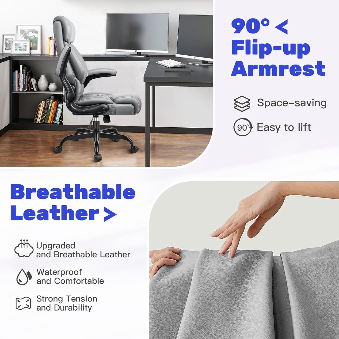 High Back Executive Ergonomic Computer Desk Chair with Rocking Function, Leather Managerial Office Chair with Adjustable Flip-Up Armrests and Lumbar Support