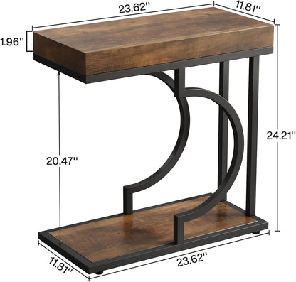 Narrow Side Table Brown Black C Shaped End Table Modern Bedside Tables for Couch, Small Sofa Tables with Metal Frame for Living Room (1, Brown+Black)