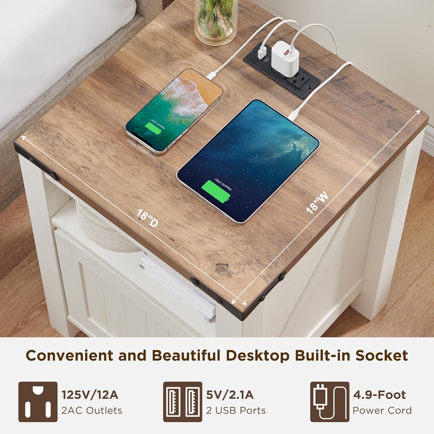 Farmhouse Nightstand with Charging Station, 18" Rustic End Table with Adjustable Storage Shelf, Wood Rustic Wood Sofa Side Table for Bedroom