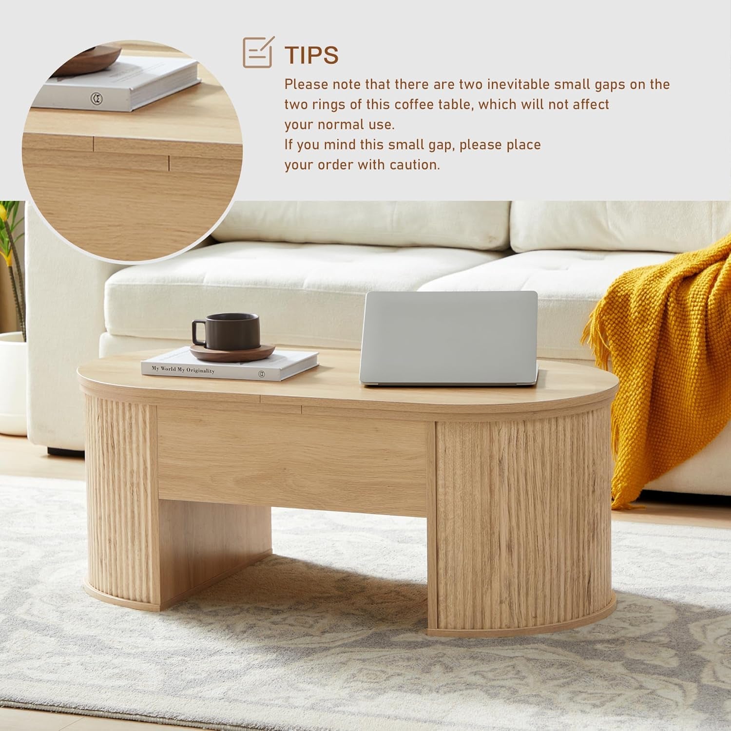 Lift Top Coffee Table, Fluted Coffee Table with Lifting Top, Wooden Lift up Dining Table with Hidden Compartment, Center Table for Living Room, Office - Oak