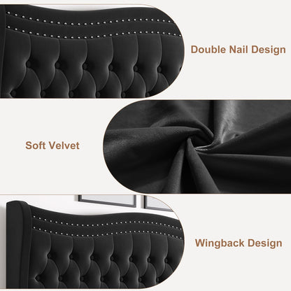 Queen Bed Frame with Tall Headboard & Footboard, Velvet Upholstered Platform Bed Frame with Deep Button Tufted Wingback, No Box Spring Needed, Noise Free, Black