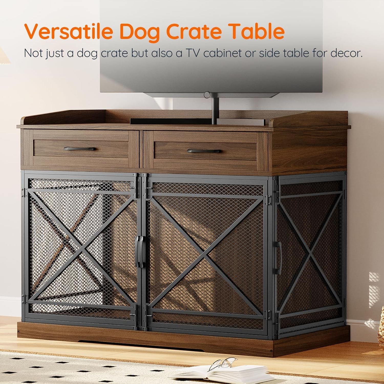 43.3” Dog Crate Furniture, XL Heavy Duty Dog Kennel with Drawers, Wooden Crate Indoor Side End Table for Medium to Large Dogs, Triple Door Design, Walnut and Black