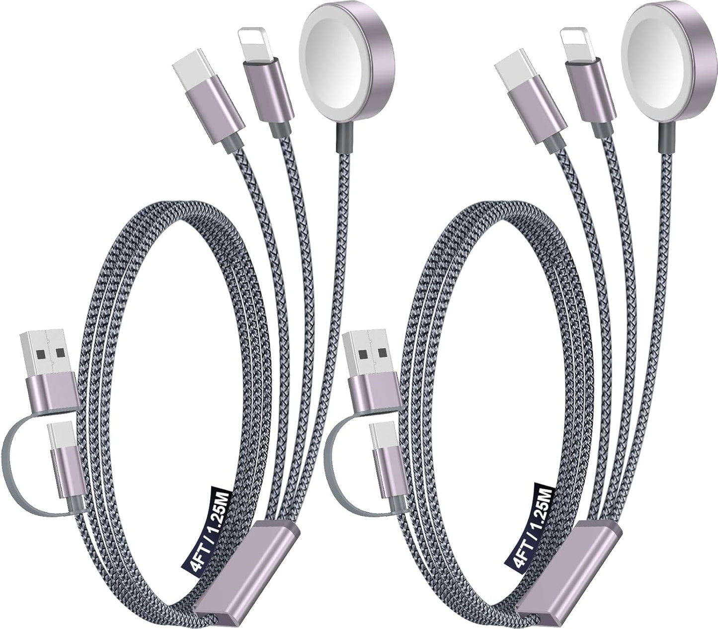 1Pack Multi Fast Charging Cable for Travel Vacation Essentials,Apple Watch Charger,Iphone Charger[3-In-2]Usb A/Type C/Lightning Cable for Iwatch,Iphone 16-11,Nintendo Switch,Airpods,Car,Camping-Purple