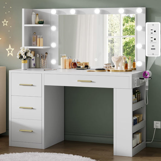 Makeup Vanity Desk with Mirror & Lights, 40Inch Vanity Table with Power Outlets, 4 Drawers & 6 Open Storage Shelves, 3 Color Modes & Adjustable Brightness Dressing Table for Bedroom, White