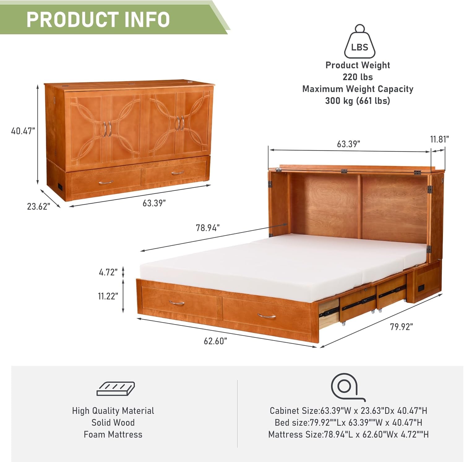 Queen Murphy Bed with Mattress Included, Murphy Bed Cabinet with Drawers and Charging Station for Small Spaces, Home Offices (Circular Pattern, Cherry)