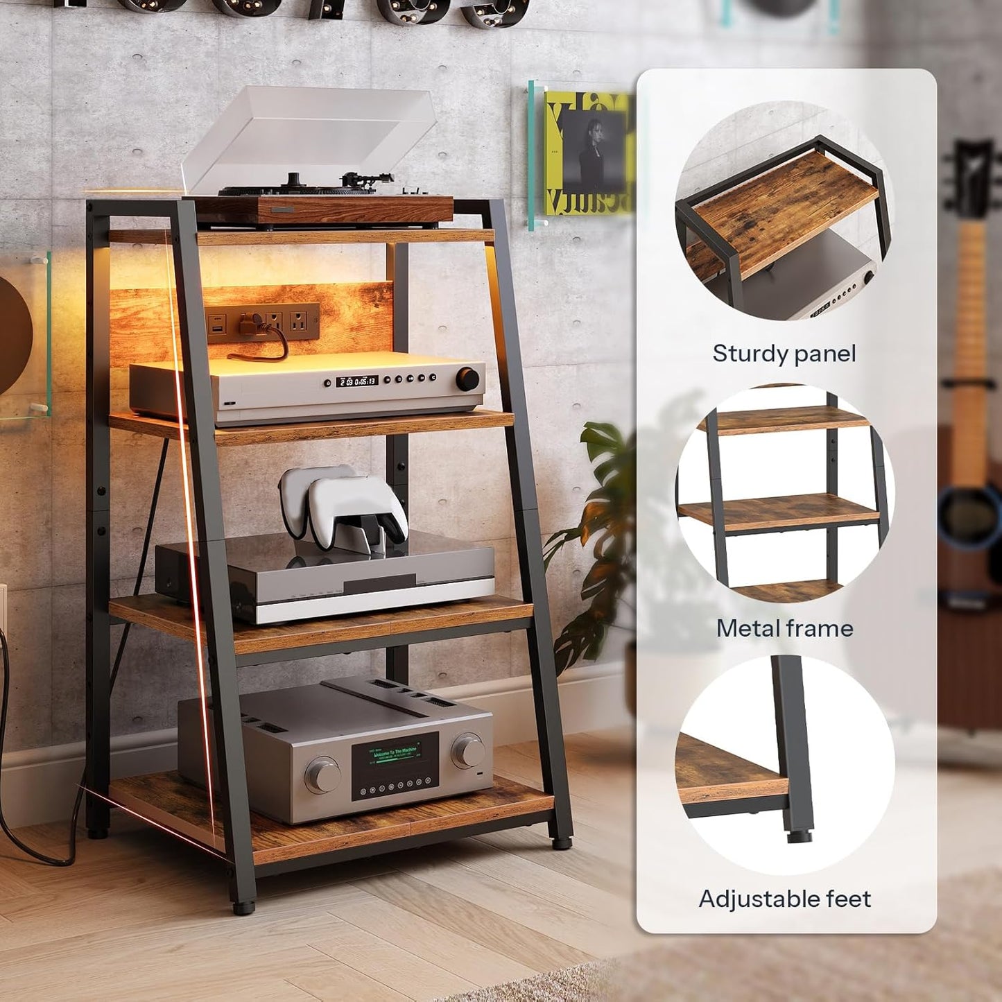 4-Tier AV Media Stand with Charging Station and LED Light, Wooden Stereo Cabinet, Game Console Stand, Media Audio Rack, Record Player, Entertainment Center, Rustic Brown and Black BF106UDCJ01