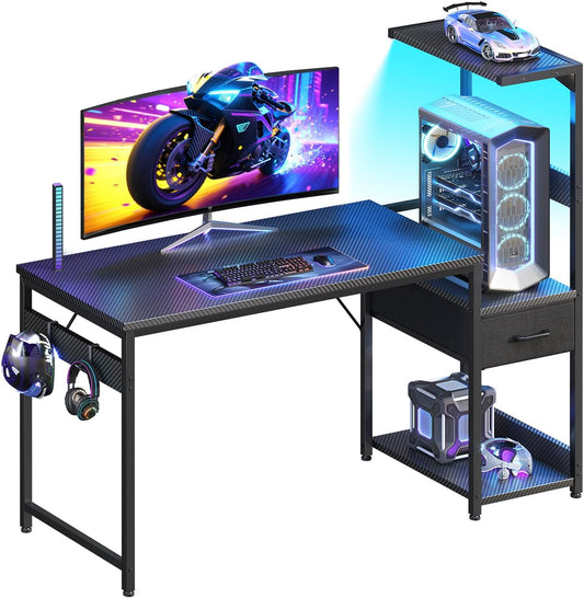 48 Inch Gaming Desk with Storage & LED Lights, Reversible Computer Desk with Display Shelves & Fabric Drawer, Modern Gamer Desk Table with Side Headphone Hook, Carbon Fiber Black