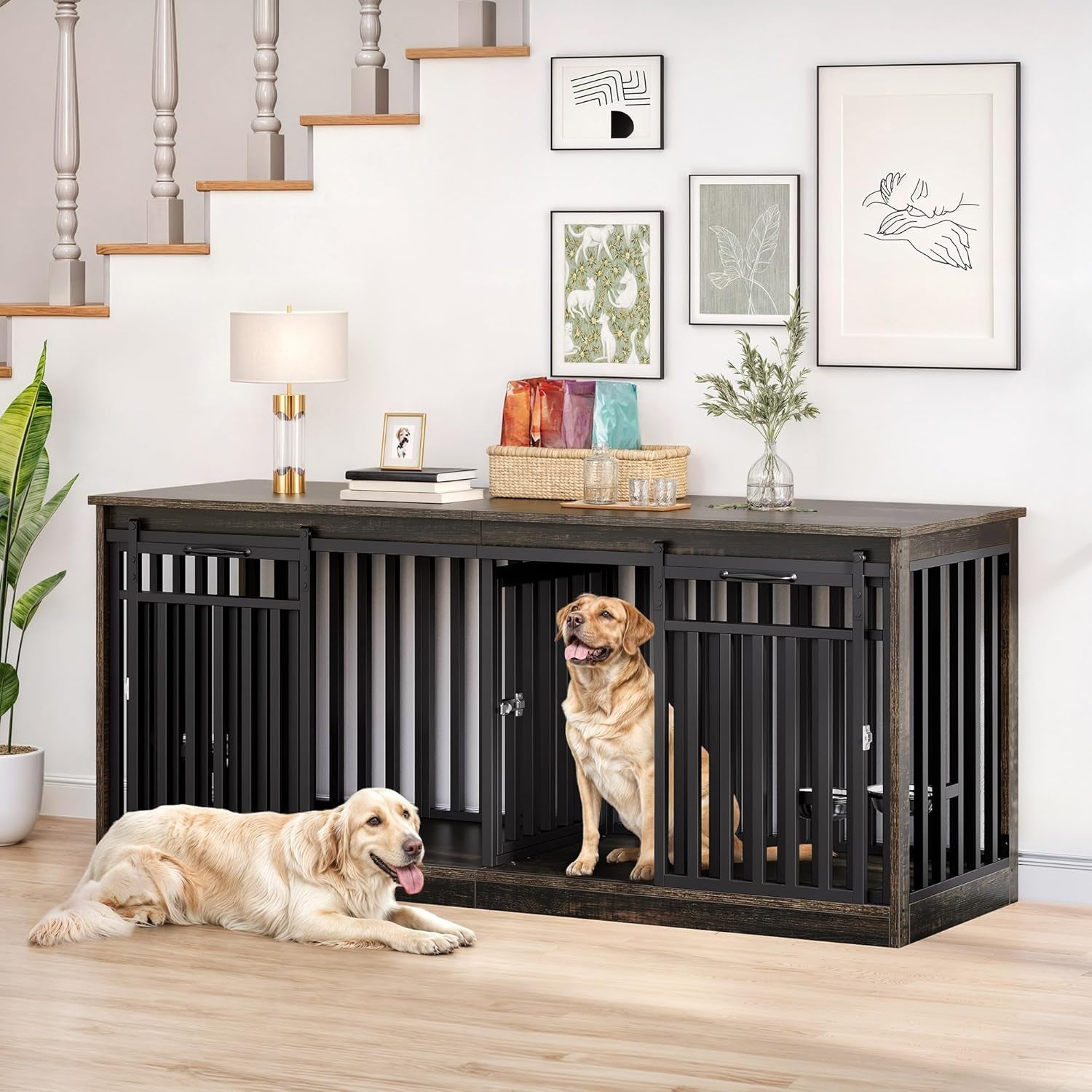 55" Extra Large Dog Crate Furniture, Heavy Duty Metal Dog Kennel TV Stand with Sliding Door, Wooden Dog Cage Table with Dog Bowl for Extra Large Medium Dogs or 2 Small Dogs Black Oak