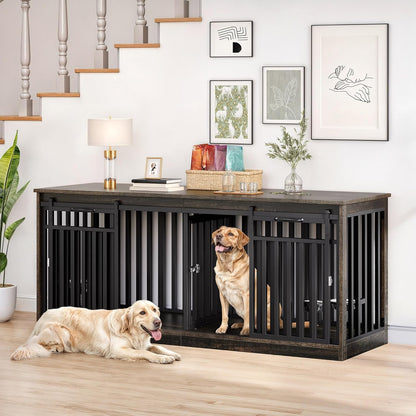 71" Double Dog Crate Furniture with LED Light & Power Outlets, Heavy Duty Dual Dog Kennel TV Stand W Storage Shelves Sliding Doors, Wooden Two Dog Cage Table 2 Medium Large Dogs, Rustic Brown