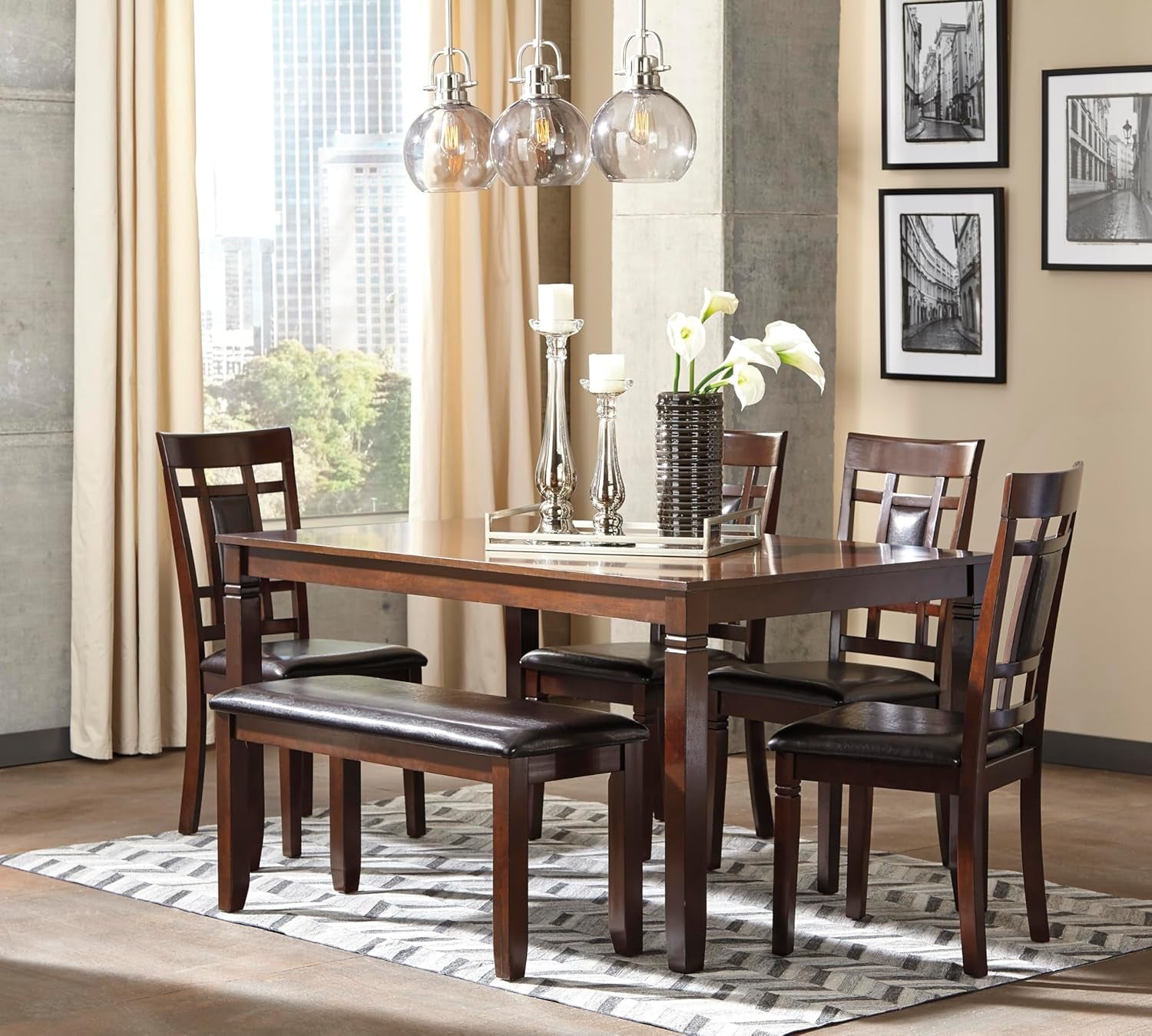 Bennox Dining Room Set, Includes Table, 4 18" Chairs & Bench, Brown