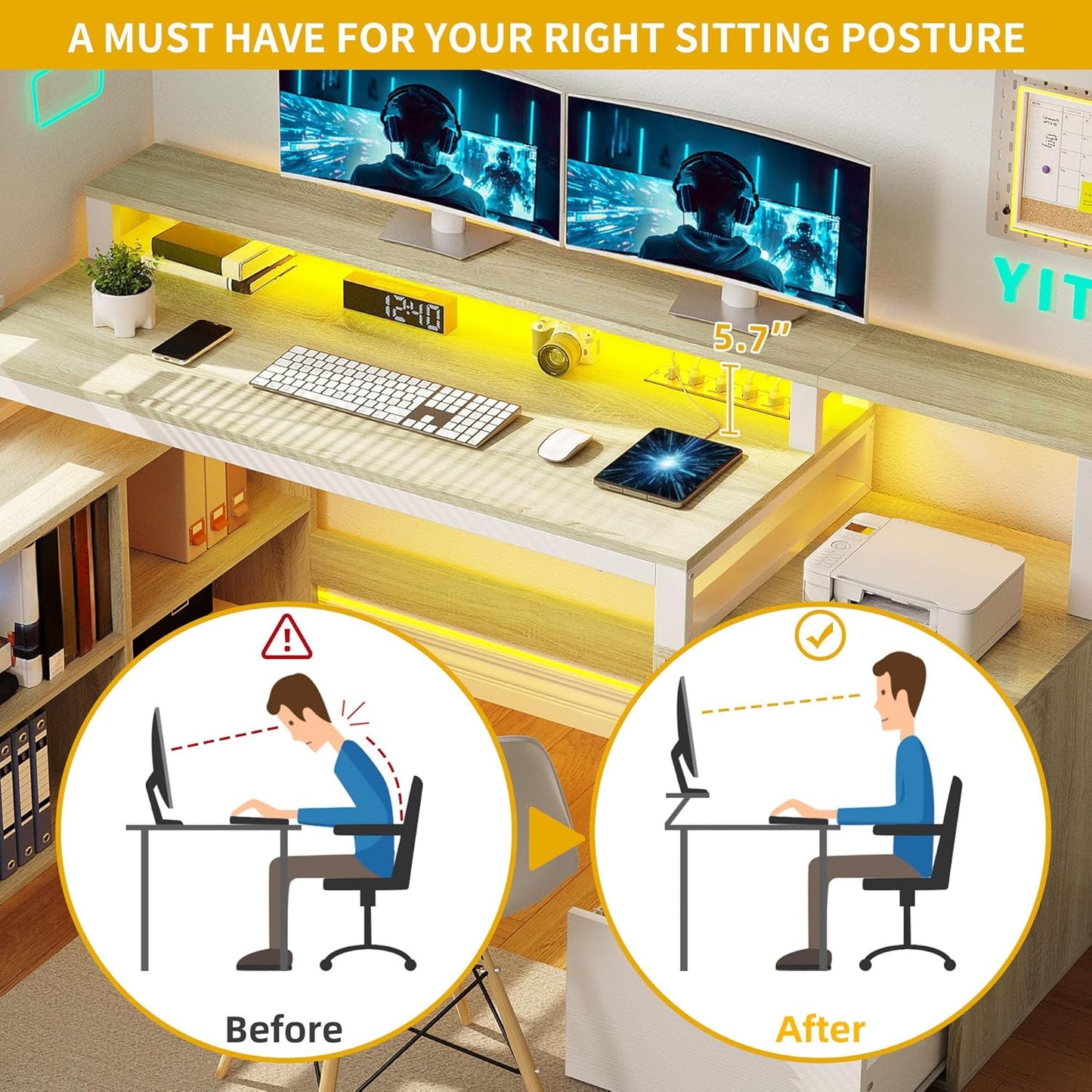 L Shaped Desk with Drawers, 65" Computer Desk with Power Outlets & LED Lights, Corner Home Office Desk with Storage Shelves & Printer Stand, White & Oak
