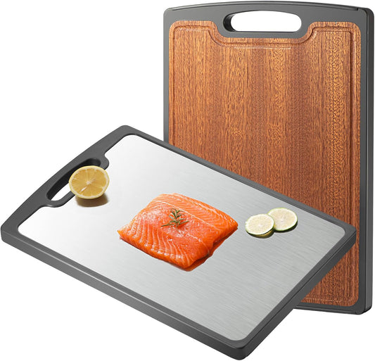 Titanium Cutting Board Double Sided, 15” Wood Cutting Board for Kitchen, GR1 Titanium & Ebony Large Chopping Board for Meat with Juice Groove for Meat & Veggies