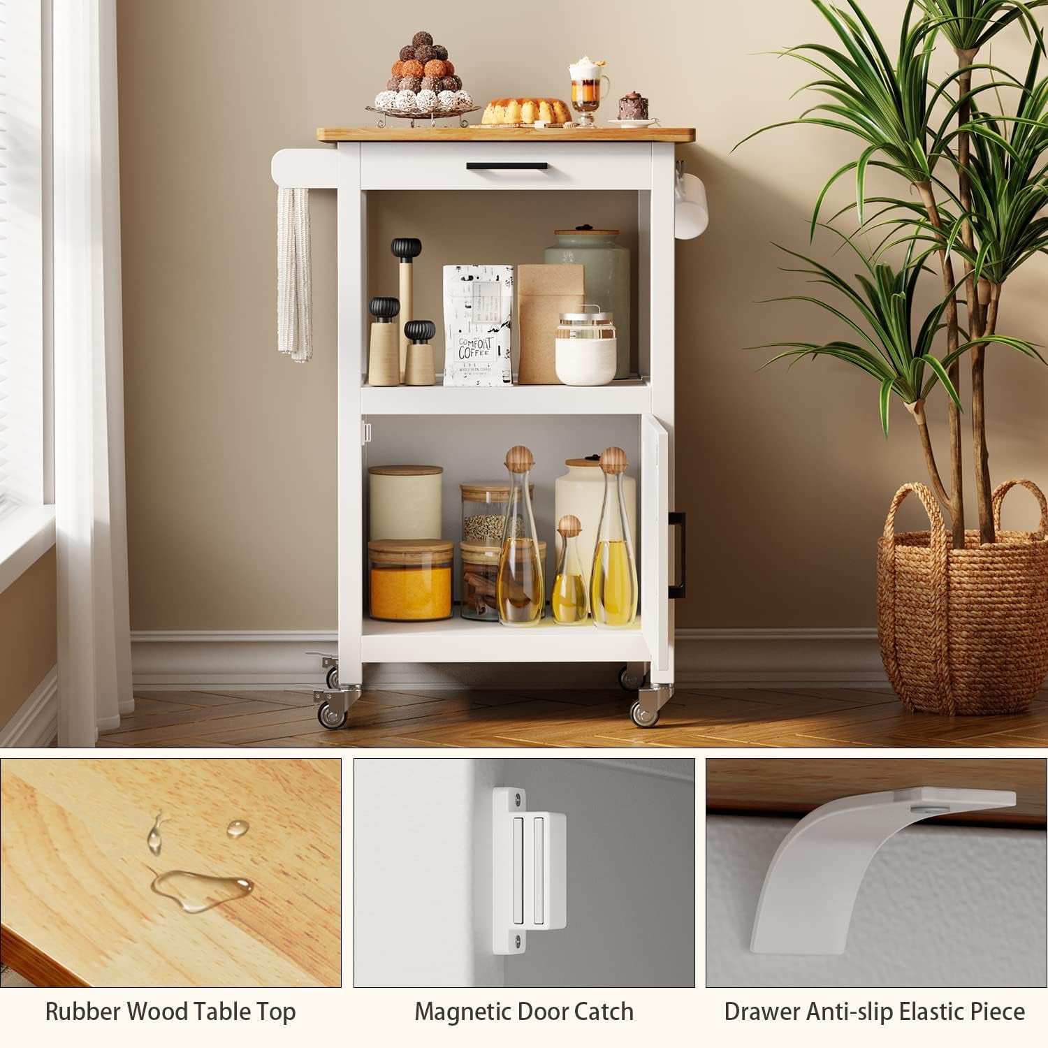 Kitchen Cart with Drawer, Small Kitchen Island on Wheels, Microwave Cart, Small Home Coffee Bar, Microwave Stand, Rolling Kitchen Island Cart with Side Hook, White
