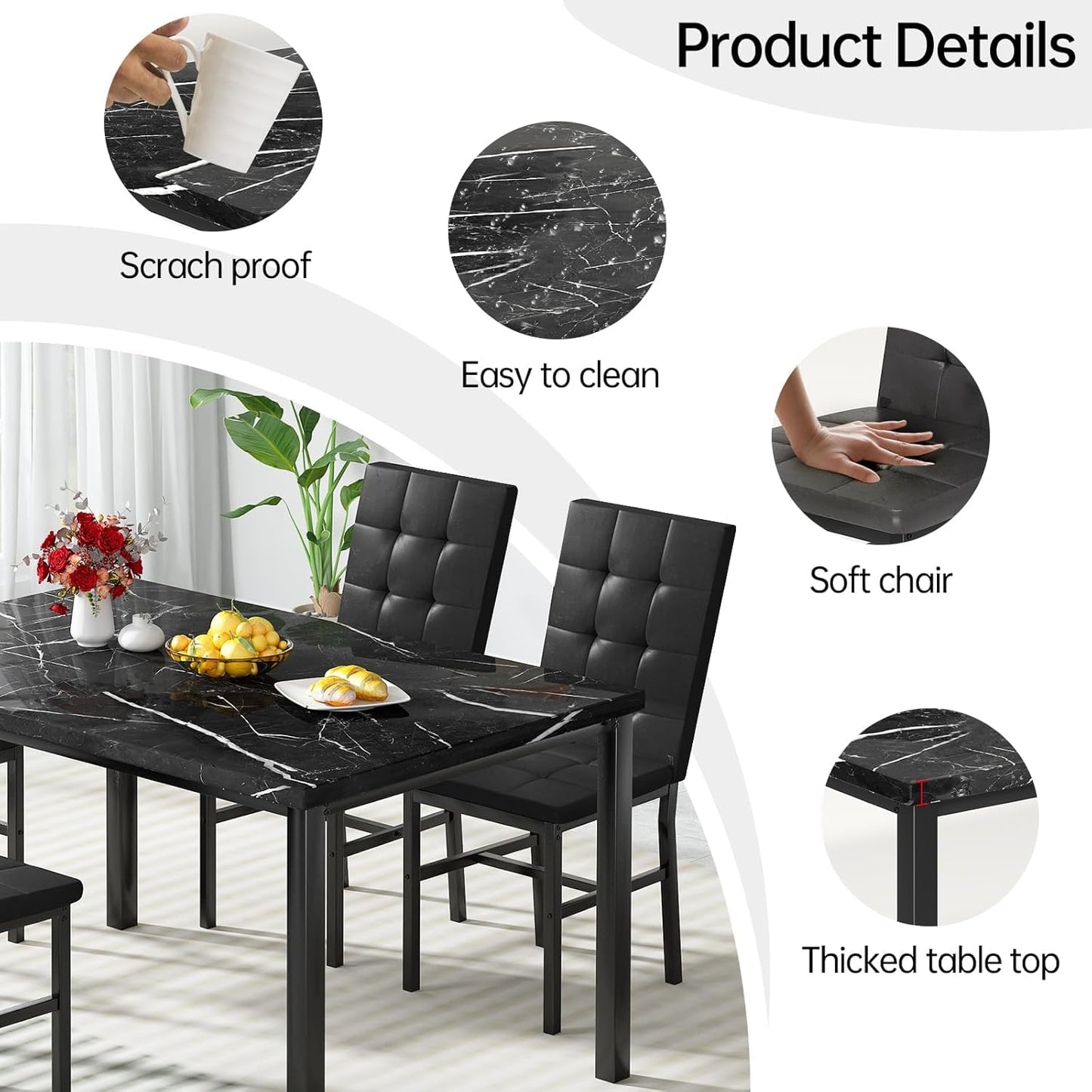 Kitchen Table Set 5 Piece Dining Room Table Set Marble Dining Table 4 Chair Dining Table Set for Kitchen Living Room Breakfast Small Spaces (Black)