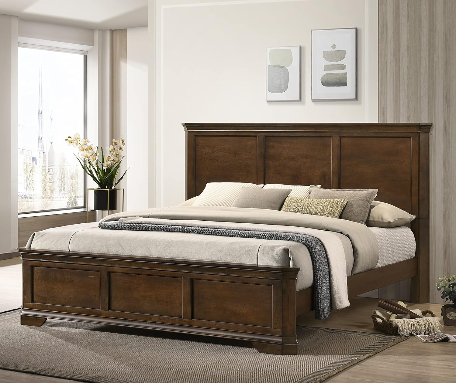 Maderne Traditional Wood Panel Bed with Dresser, Mirror, Two Nightstands, Chest, King, Antique Walnut Finish