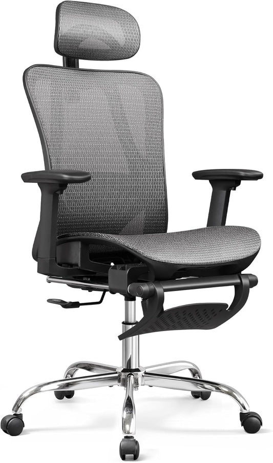 Ergonomic Mesh Office Desk Chair, Retractable Footrest and Adjustable Lumbar Support, Comfy High Back Reclining Computer Gaming Chair, Tilt Function, Heavy Duty, SGS Class 4 Gas Lift, Grey