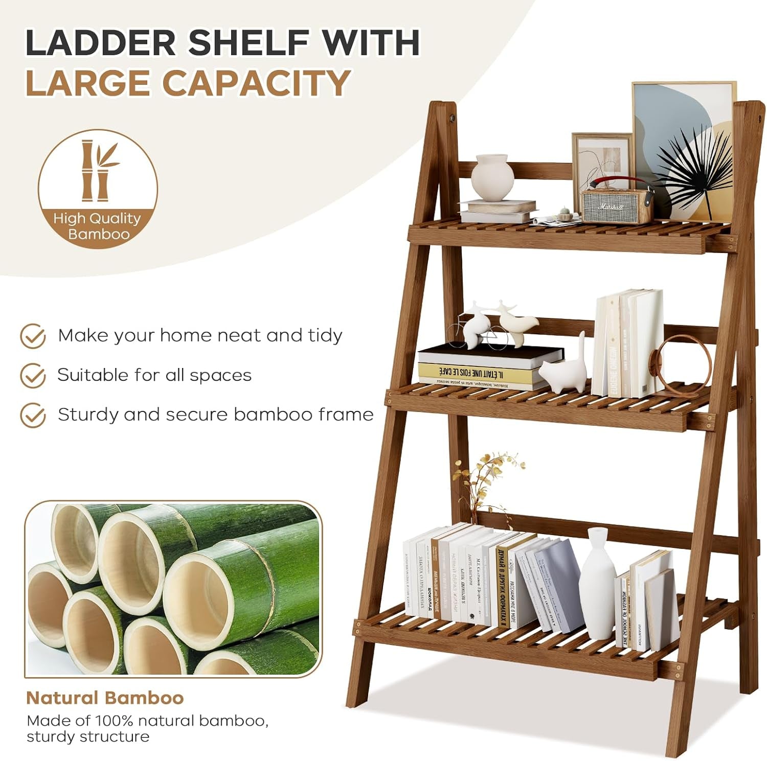 39.4" Bamboo Ladder Shelf Plant Shelf, 3 Tier Foldable Ladder Flower Pot Display Shelf Rack, 23.6"W X 15"D X 39.4"H, Freestanding Bookshelf for Garden, Balcony, Yard, Patio, Lawn, Living Room, Walnut